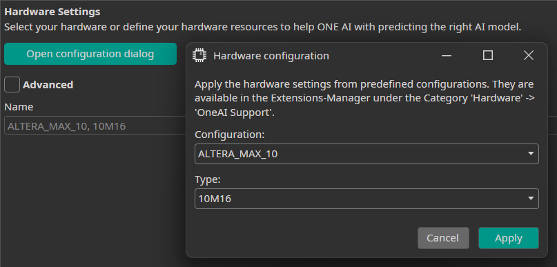 hardware configuration dialog